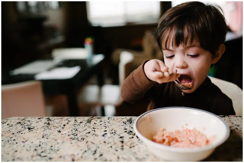 little boy and breakfast of oatmeal - Kitsap Documentary Family Photographer