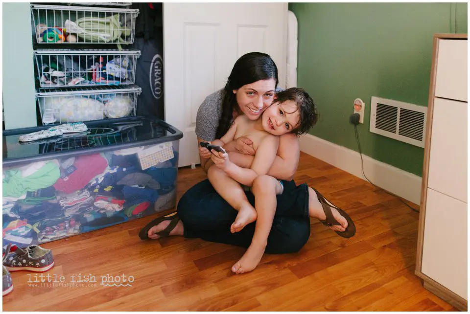 boy after bath with mom