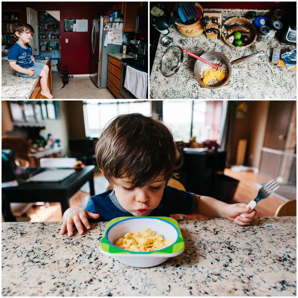 boy eats lunch in the kitchen