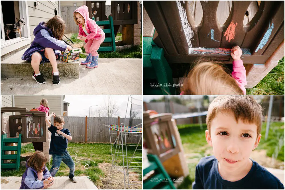 kids play with chalk in backyard