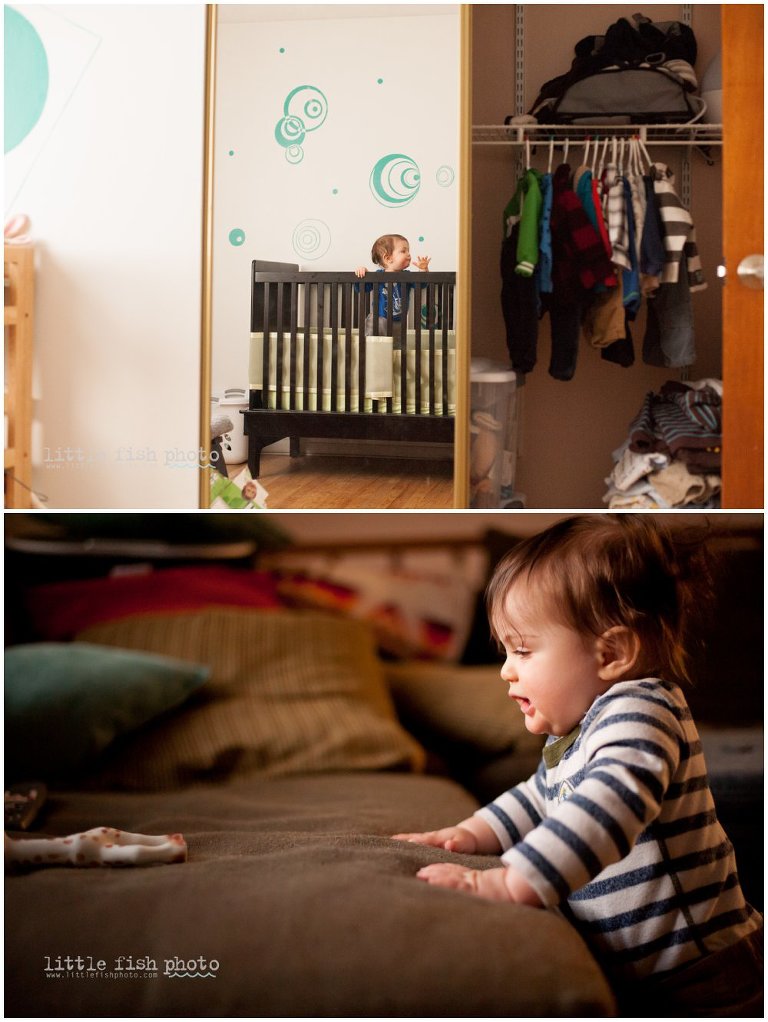 baby in nursery; baby plays at  couch  - kitsap lifestyle photographer