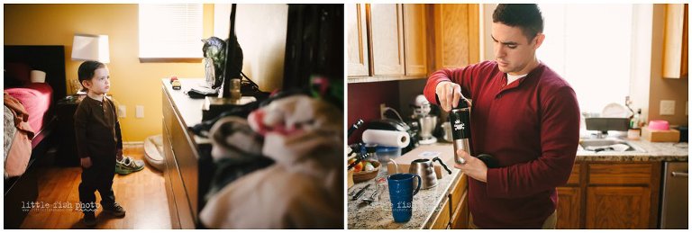 little boy watches TV; father prepares coffee to go - Documentary Family photography