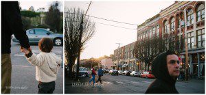 father and son walking through town - family documentary photoraphy