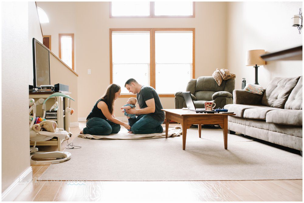 3 month old baby girl at home with mom and dad - family lifestyle photography