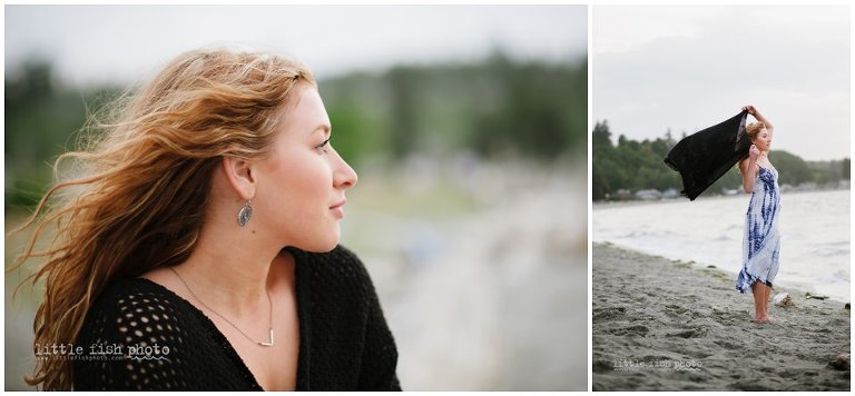 senior girl with shawl walking on beach -  Kitsap Lifestyle Photographer