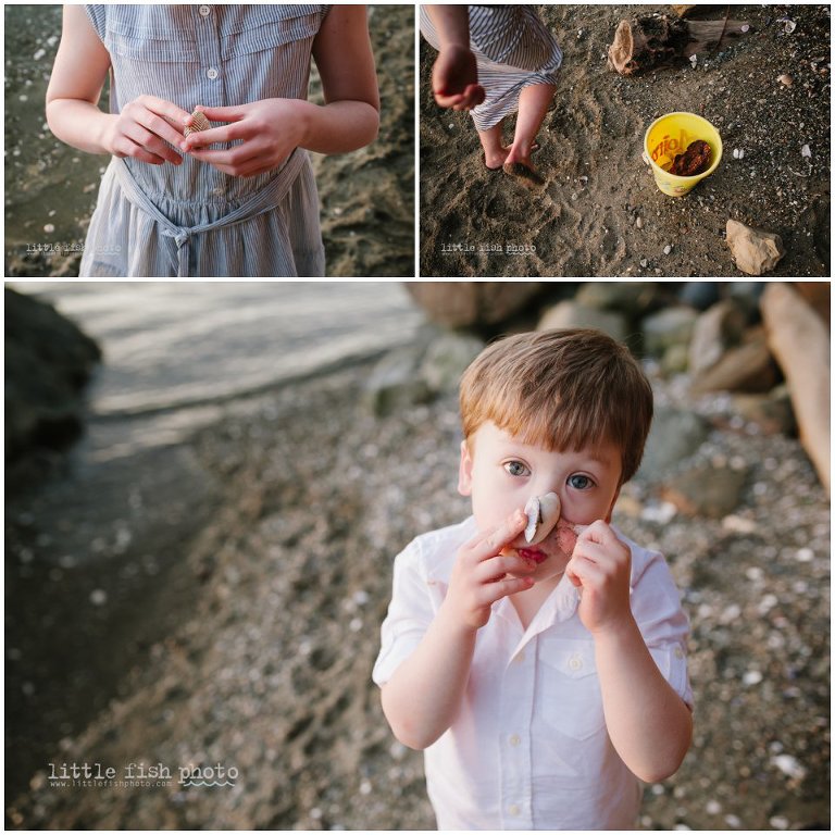 kids collecting shells - family storytelling photography
