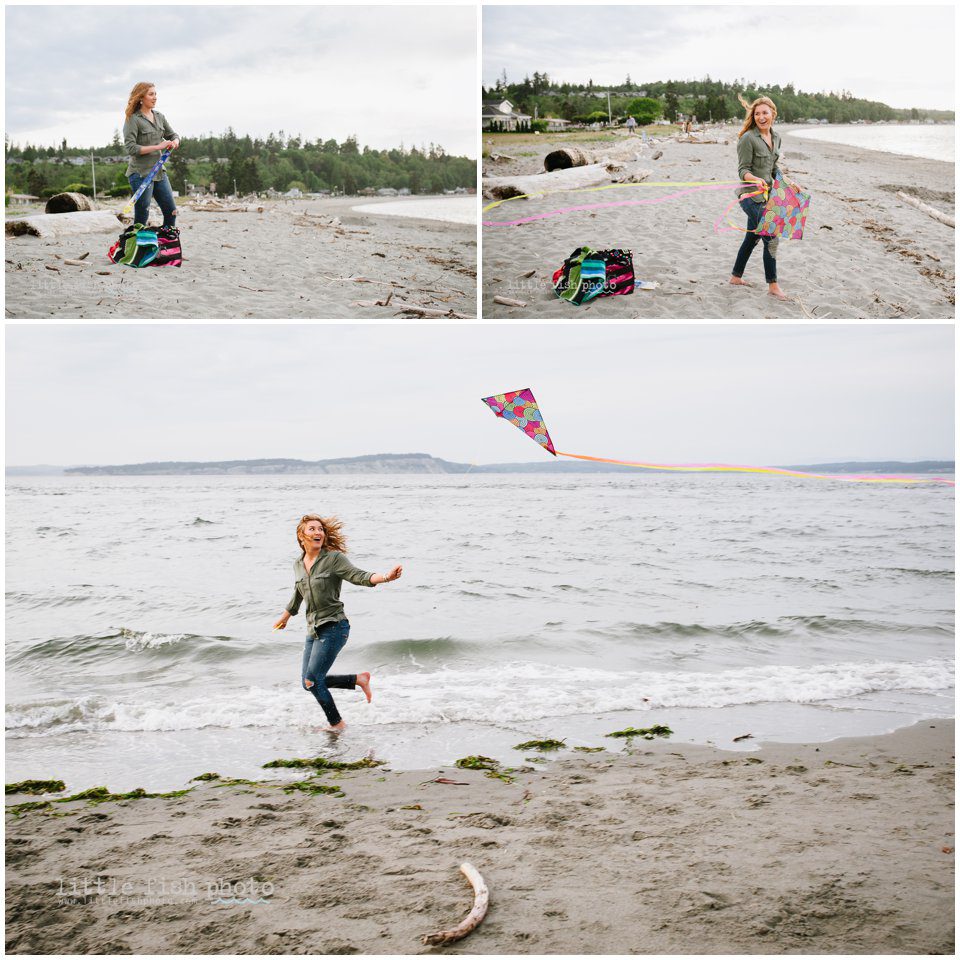 girl on beach flying kite