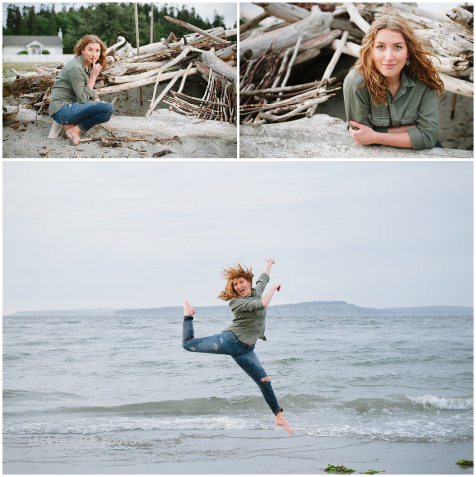 girl on beach with driftwood