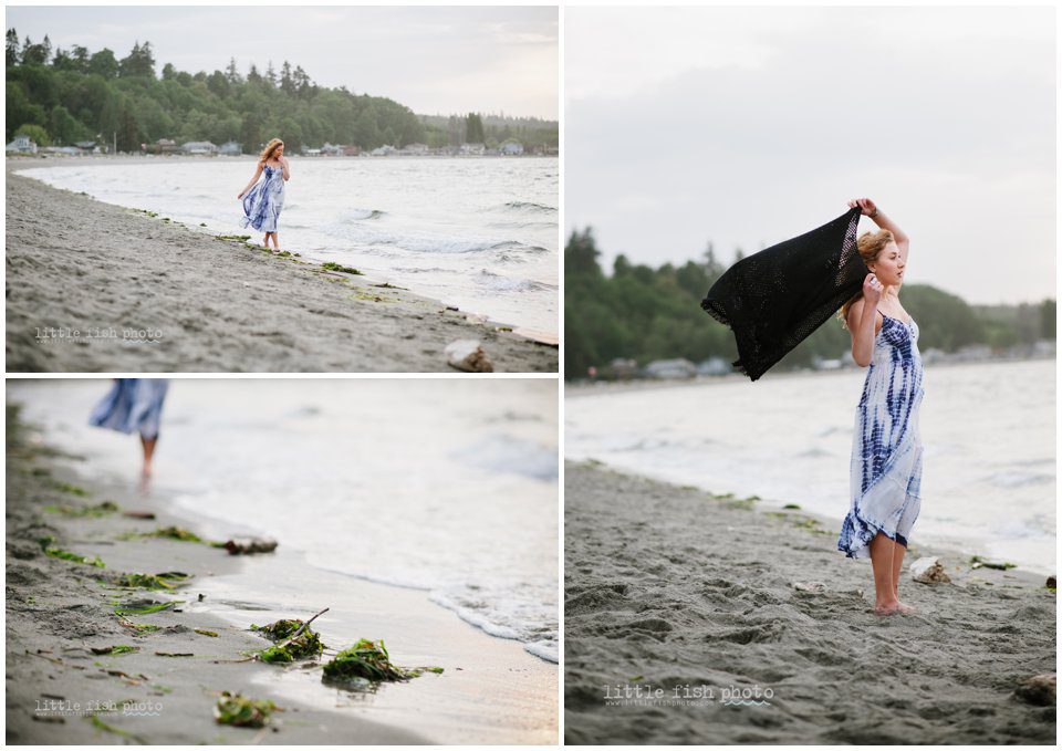 high school girl walks in waves on beach