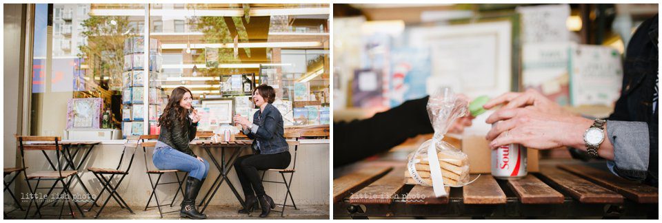 mom and daughter outside bakery