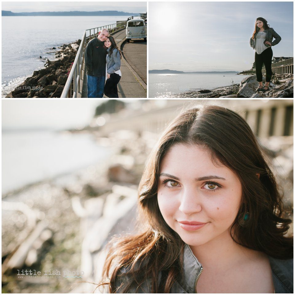 girl on driftwood at alki beach