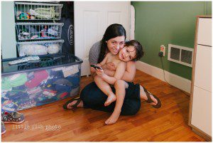 boy after bath with mom