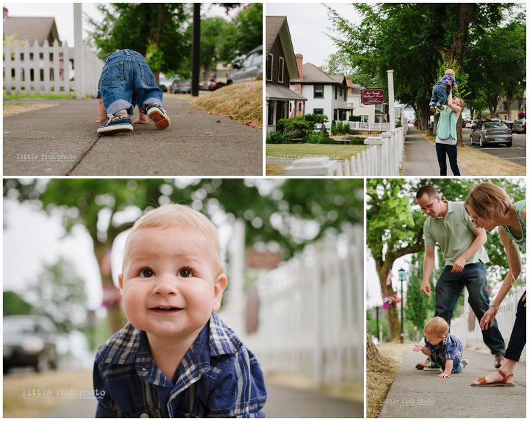 boy crawls on sidewalks in Port Gamble Washington