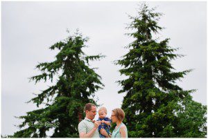 family with evergreens