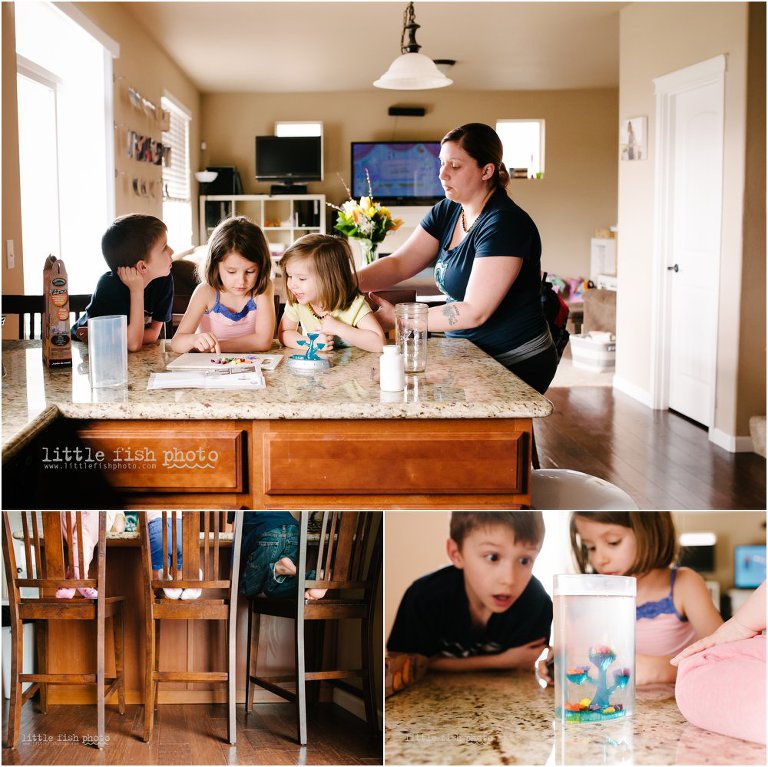 family does science project in kitchen