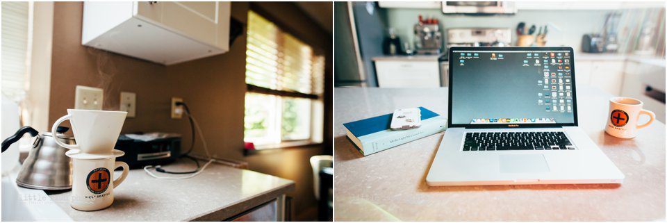 making pour over coffee and working on the laptop