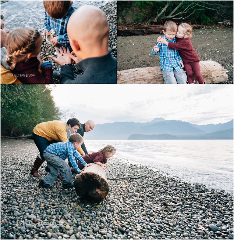 family of 4 plays on beach in fall