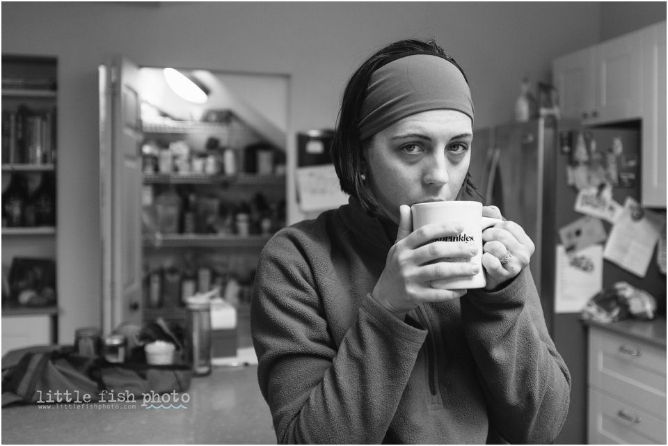 disheveled mom drinking coffee