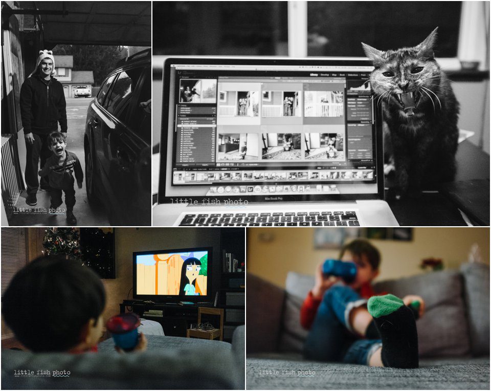working at laptop while little boy watches tv