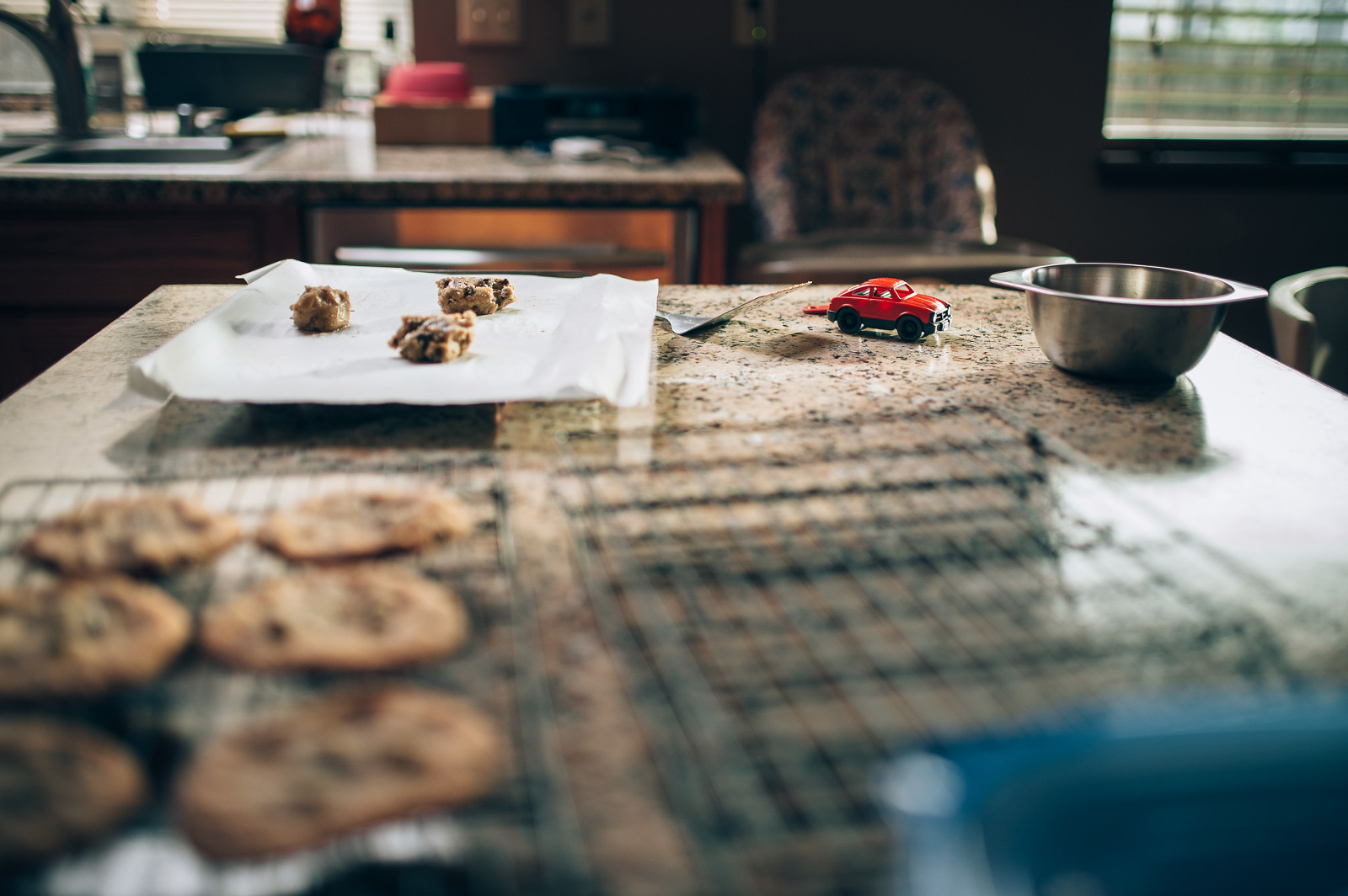 car on counters with cookies being baked