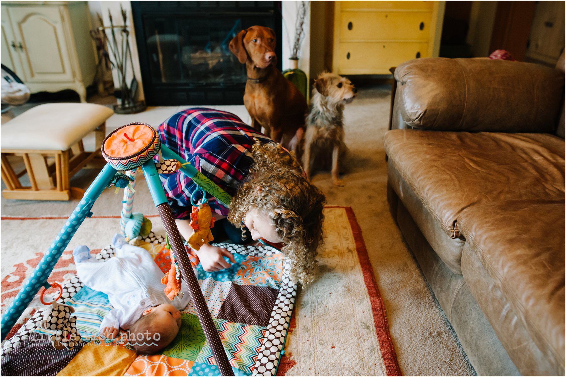 mom plays with baby on floor while dogs stand guard