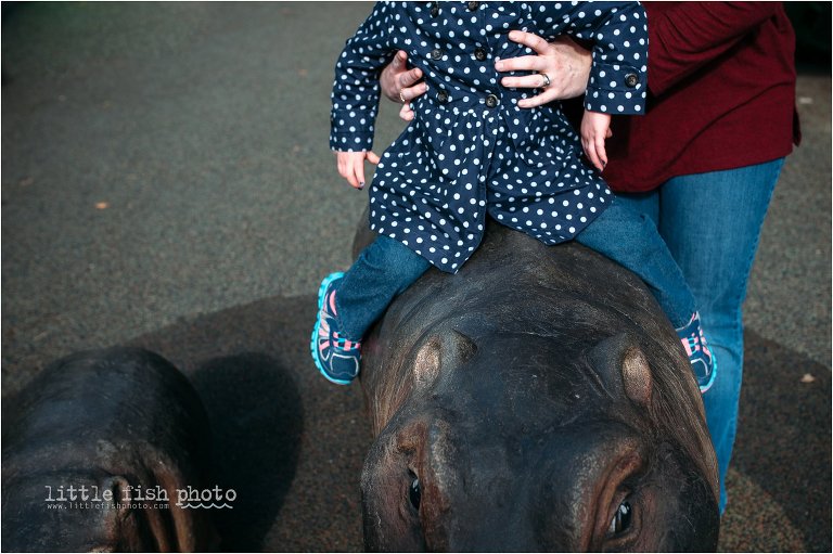 mom puts child on hippo sculpture - Documentary Family Photographer