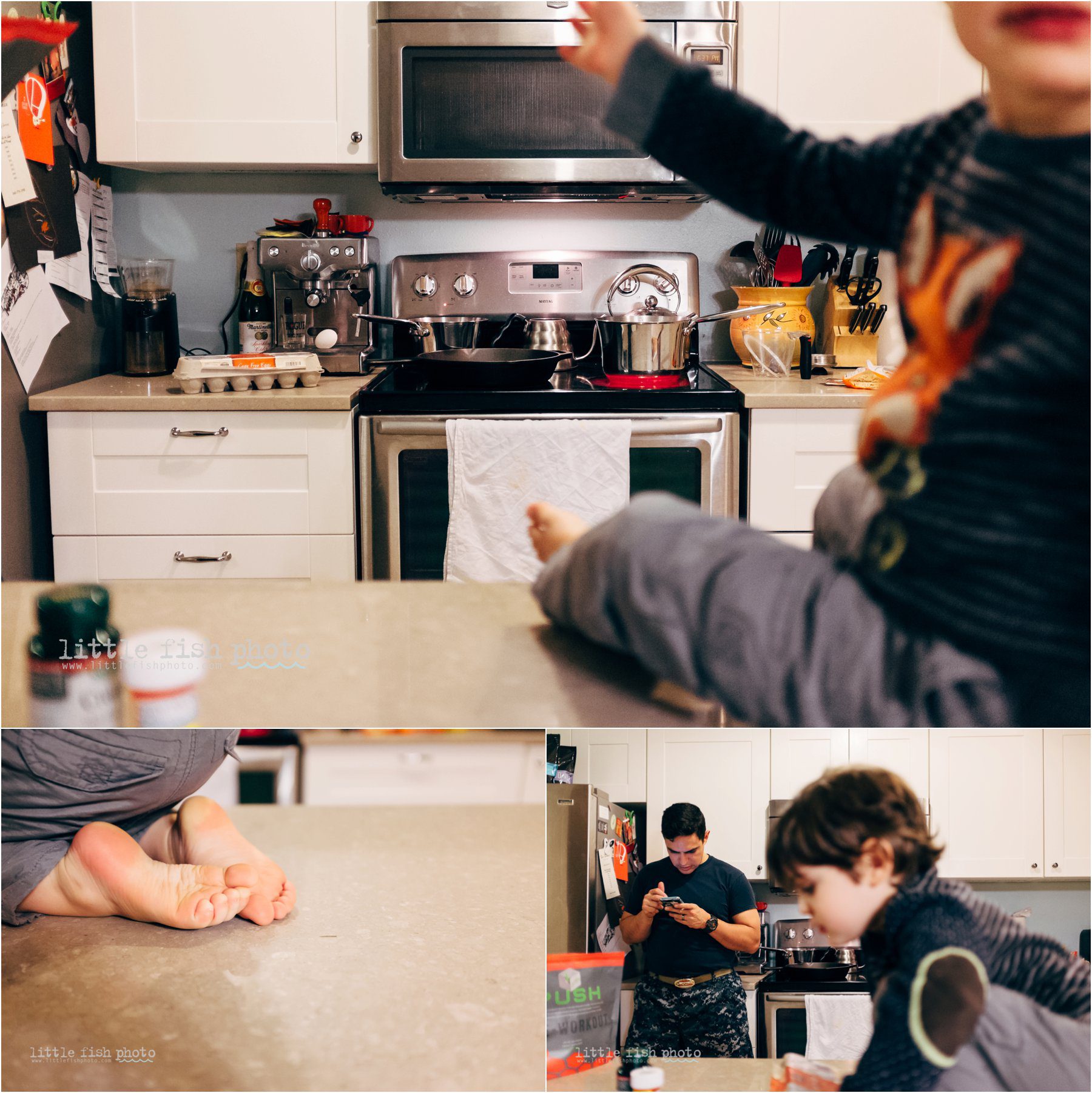 child plays on counter while dinner cooks - Kitsap Family Photographer
