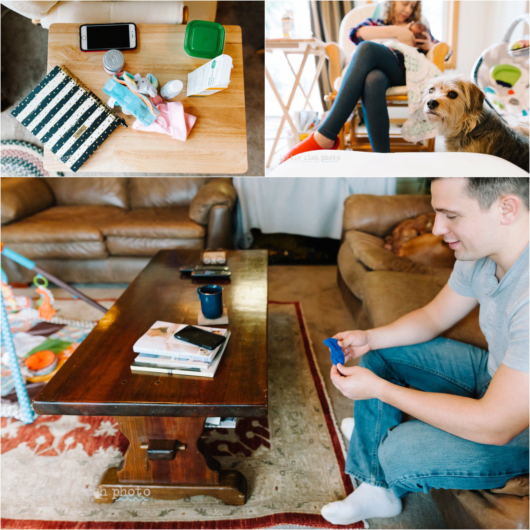 mom nurses baby while dad muses over baby sock - Bainbridge Island documentary baby photographer