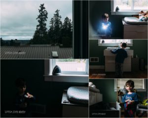 little boy picked clothes and plays with flashlight - Poulsbo Documentary Family Photographer