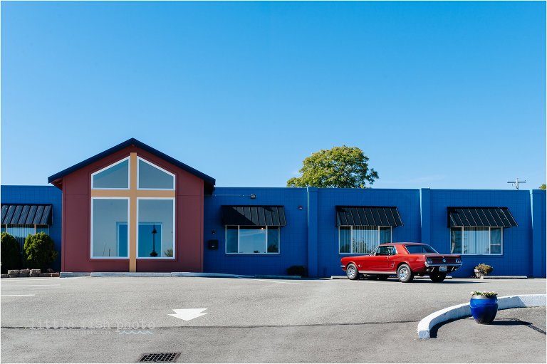 blue building with red classic car - Kitsap Lifestyle & Documentary Photographer