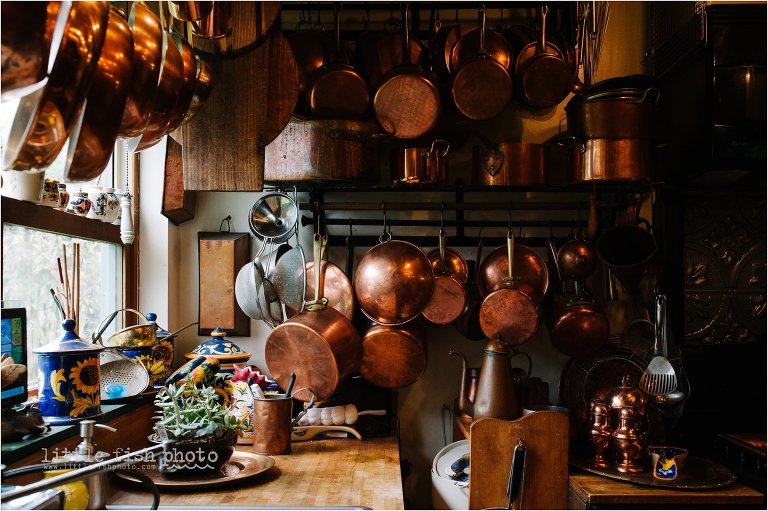 copper pots and pans in bed and breakfast kitchen - Kitsap Lifestyle & Documentary Photographer