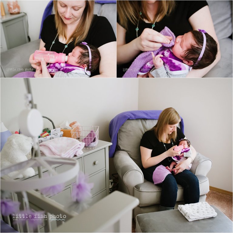 mother feeds newborn girl from bottle in nursery - Bremerton Lifestyle Newborn Photographer