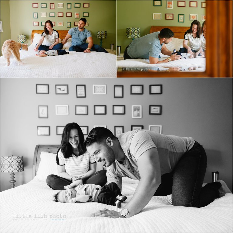 family of three on master bed