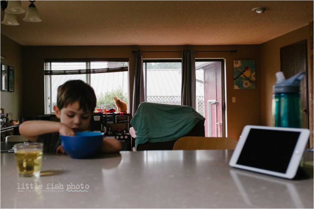 cat in window while boy eats -day-in-the-life-poulsbo-documentary-family-photographer