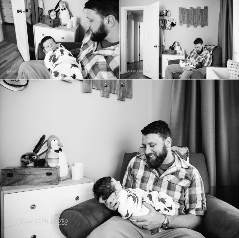 father feeds baby in rocking chair