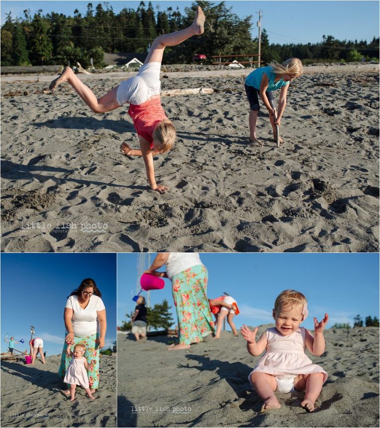 girls turn cartwheels and baby plays in sand at beach - Kitsap Lifestyle Family Photographer