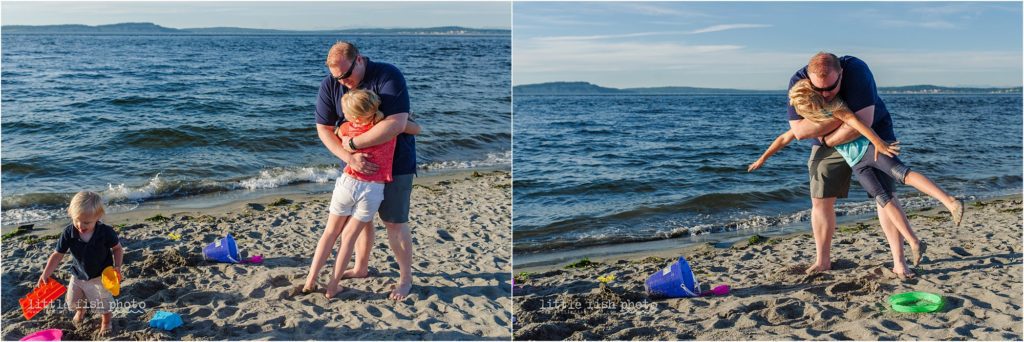 family plays in sand at the beach - Kitsap Lifestyle Family Photographer