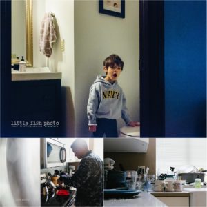 son yawns while father makes coffee