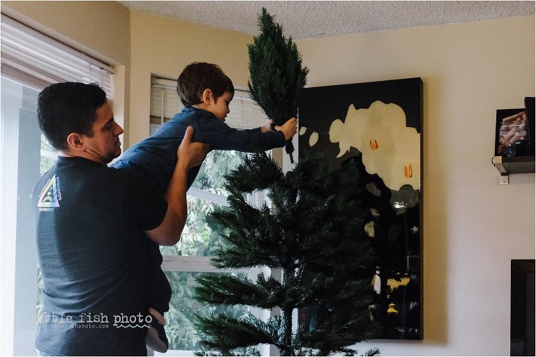 father lifts boy to assemble christmas tree
