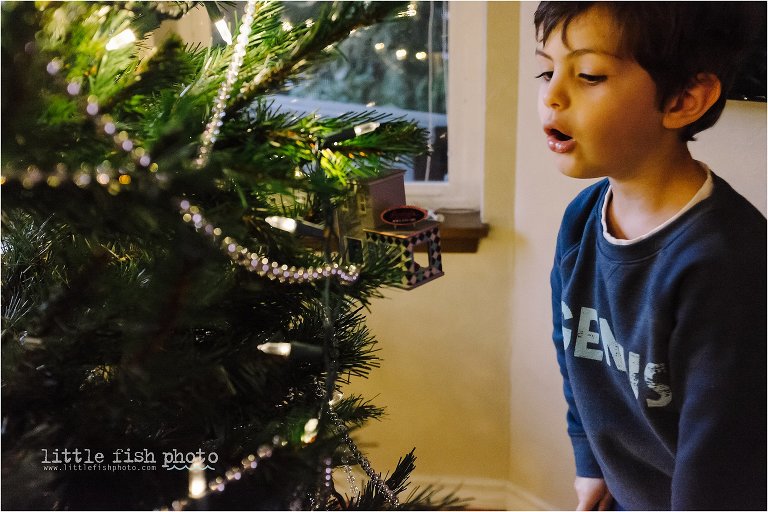 boy looks at christmas tree