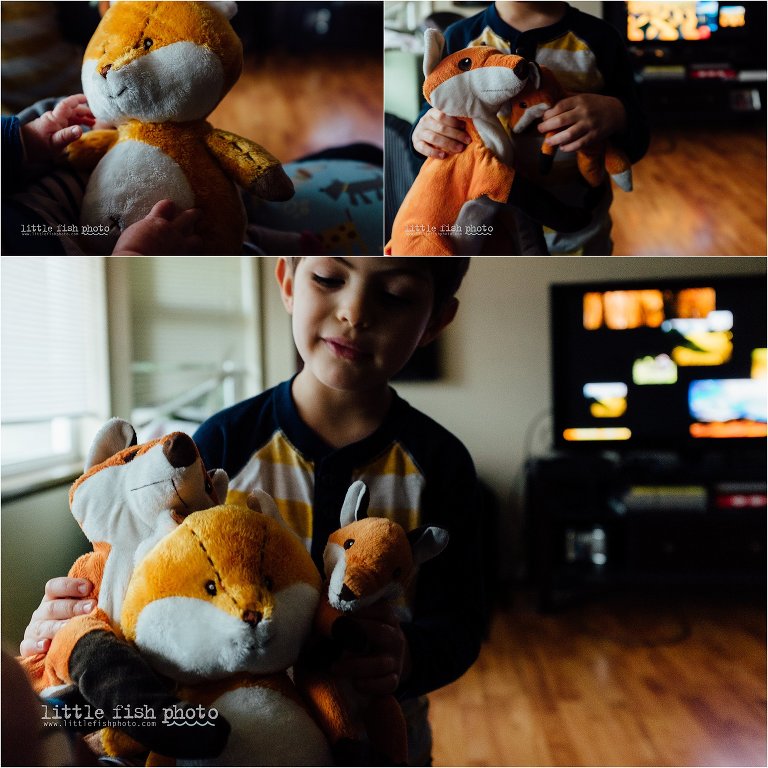 brother brings baby sister stuffed foxes