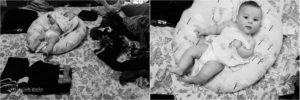 baby with laundry on bed