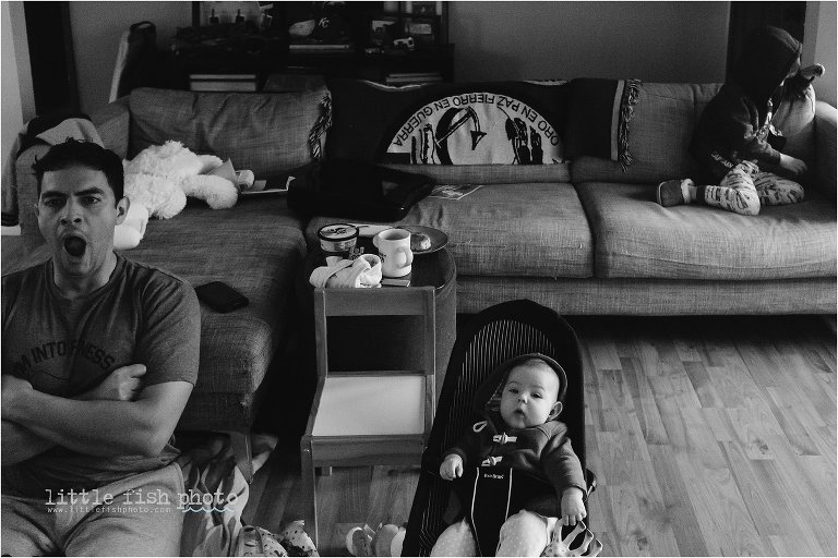family in living room in morning