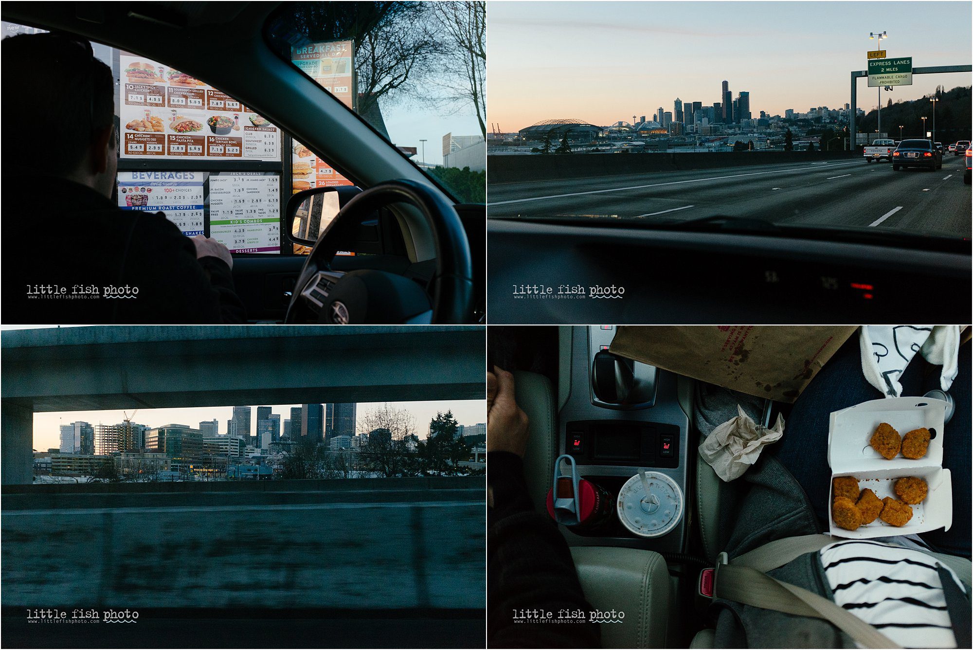driving through Seattle at sunset