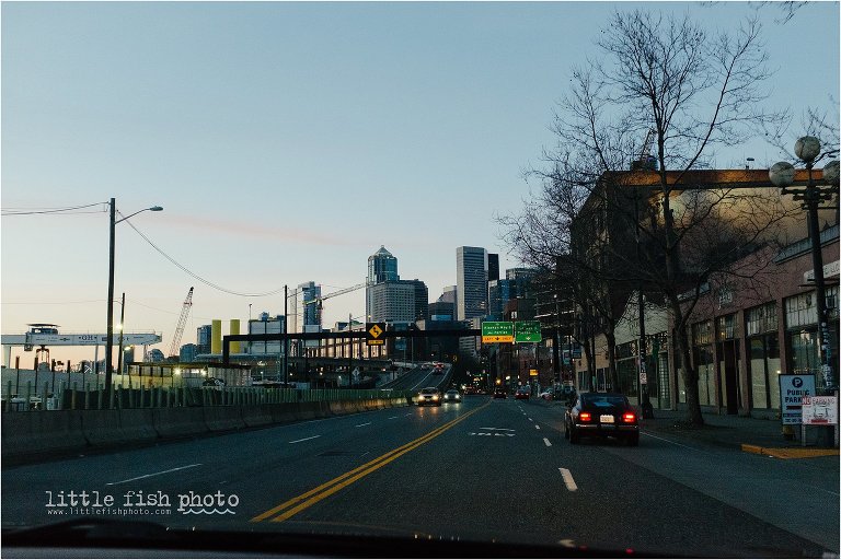 driving through Seattle at sunset