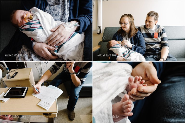 mother and father hold baby boy on hospital couch together