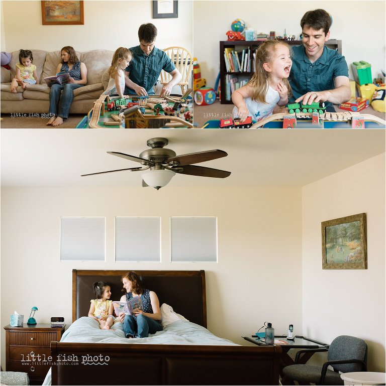 Parents read and play trains with daughters - Leaving Home - Kitsap Lifestyle Photographer