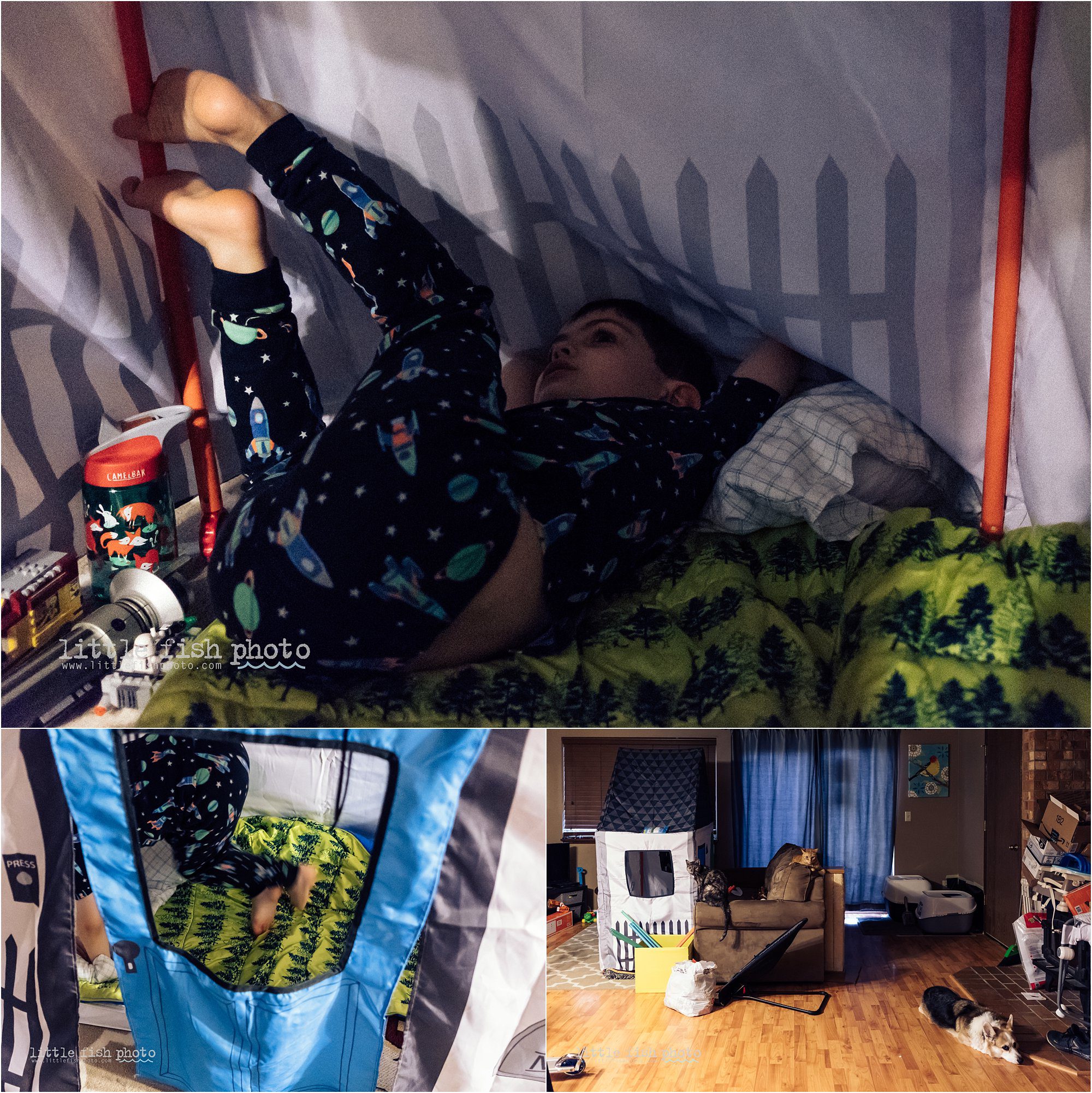 boy camps out in playhouse