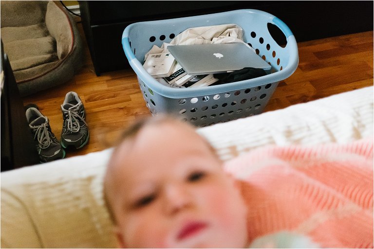 laptop in laundry basket - Kitsap Documentary Family Photographer