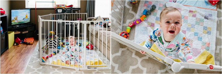 angry baby in play yard - Kitsap Documentary Family Photographer